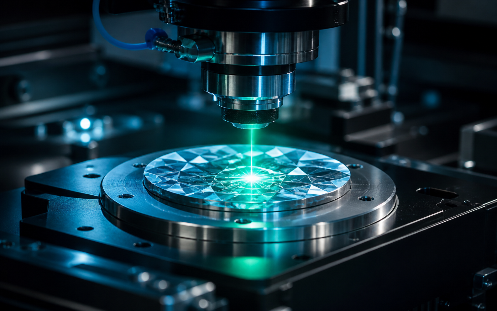 Precision laser processing a diamond material in an industrial manufacturing environment